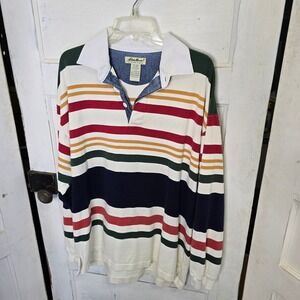 Eddie Bauer Mens L/G Rugby Shirt Long Sleeve‎ Multi Stripe Collared Cotton